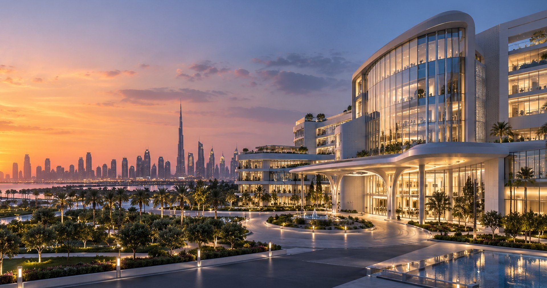 Architectural concept of a German hospital campus in Dubai at dusk