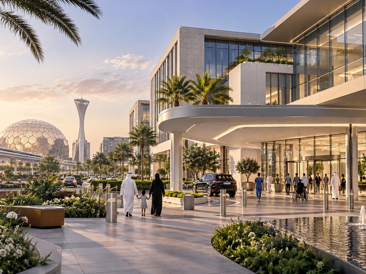 Architectural concept of a specialty hospital campus with landscaped arrival court