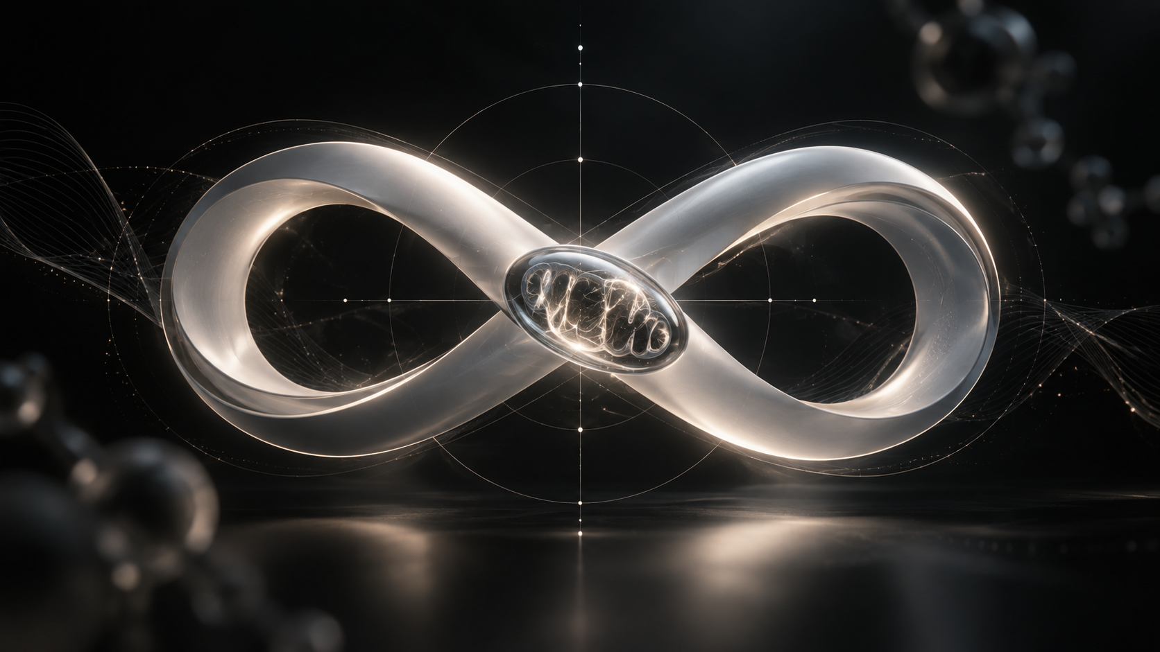 Abstract metallic infinity symbol with a mitochondrial form at its center