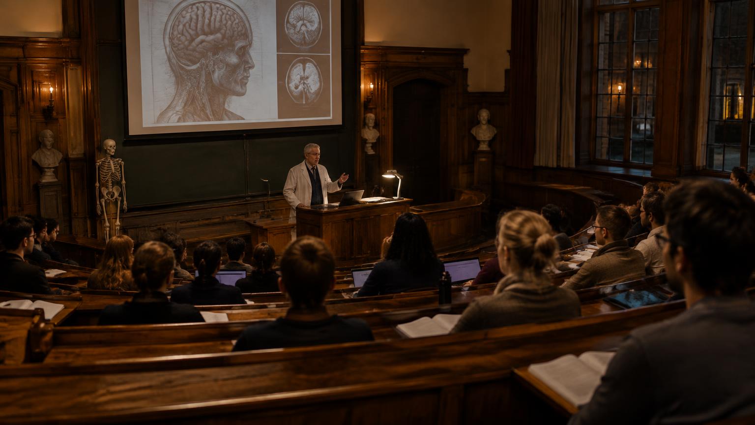 Students listening to a professor in a historic university lecture hall
