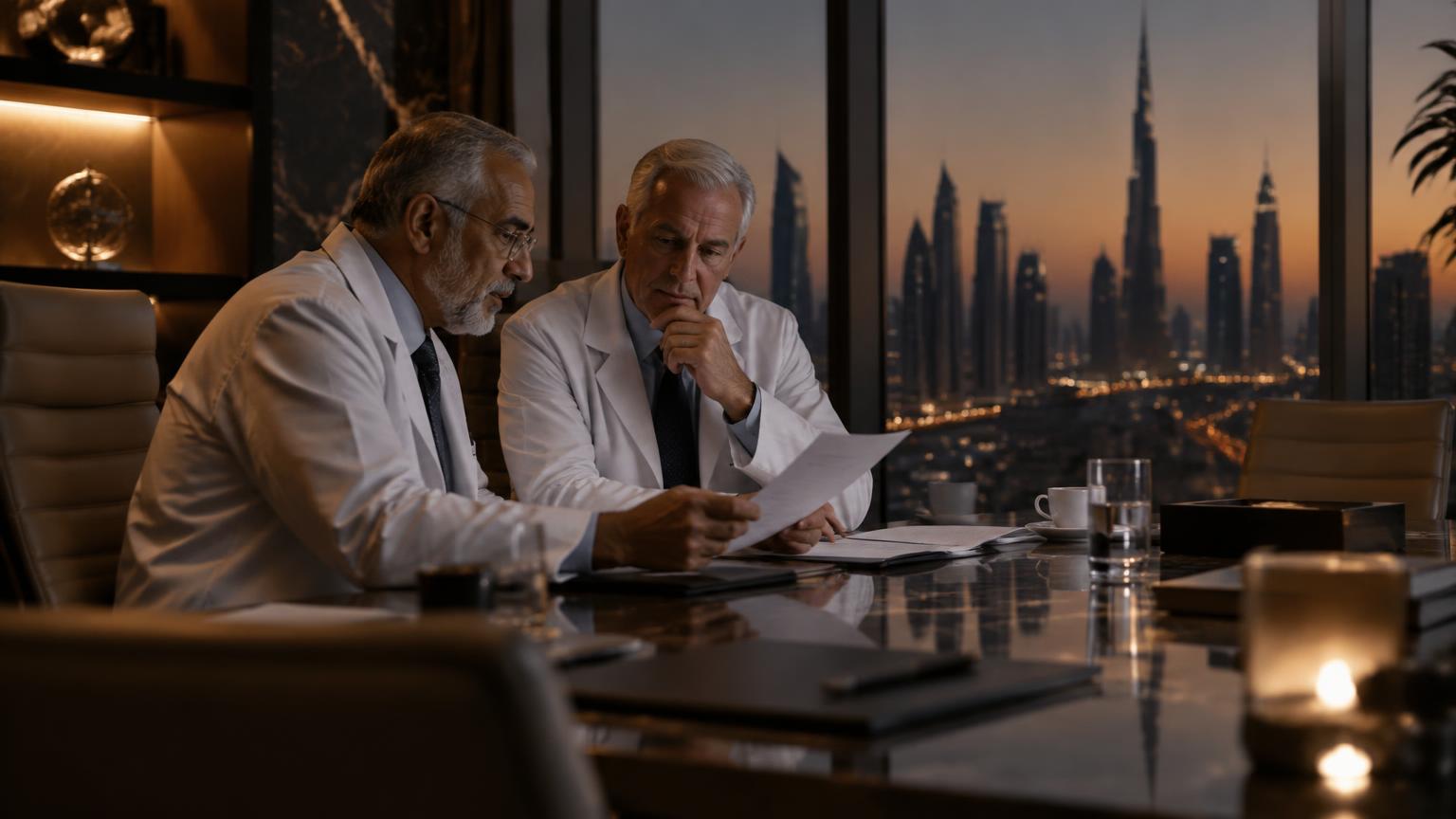 Two physicians reviewing documents in a Dubai boardroom