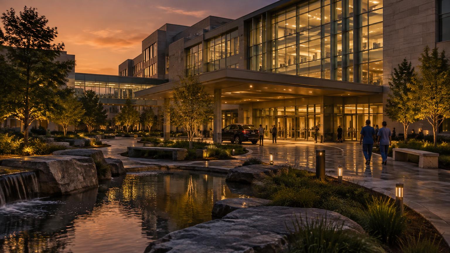 Contemporary hospital campus and landscaped arrival court at dusk