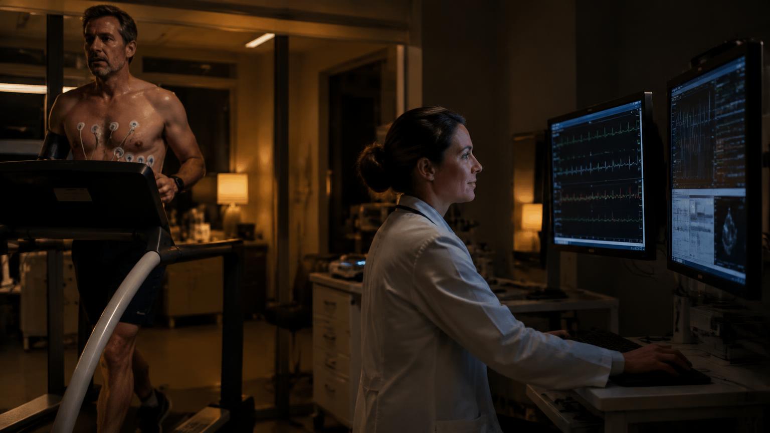 Physician monitoring a patient during a treadmill stress test