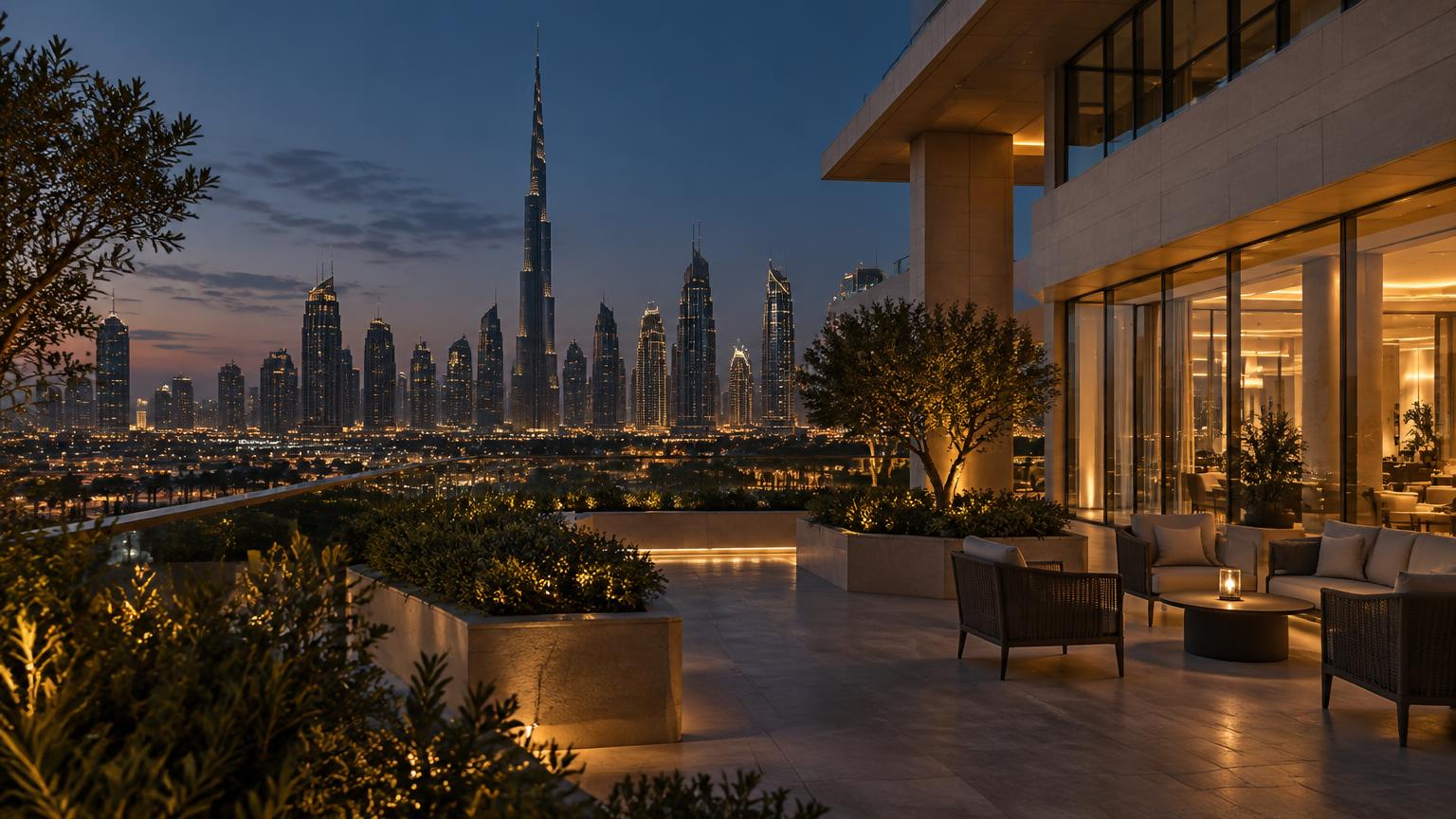 Dubai skyline at blue hour from a landscaped hospital terrace