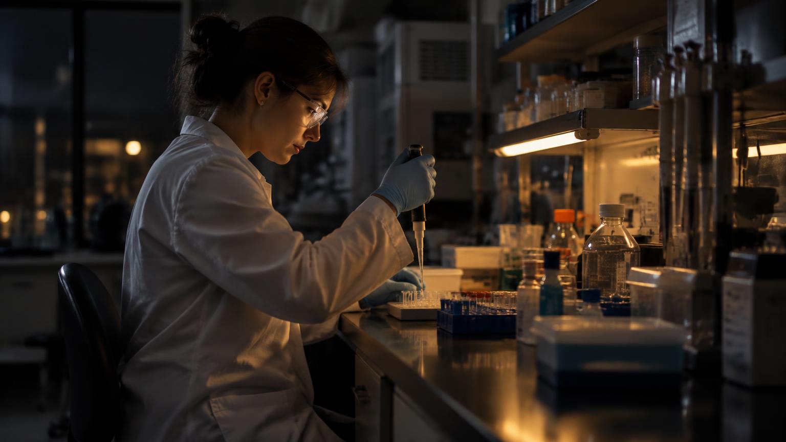 Researcher pipetting samples in a clinical laboratory