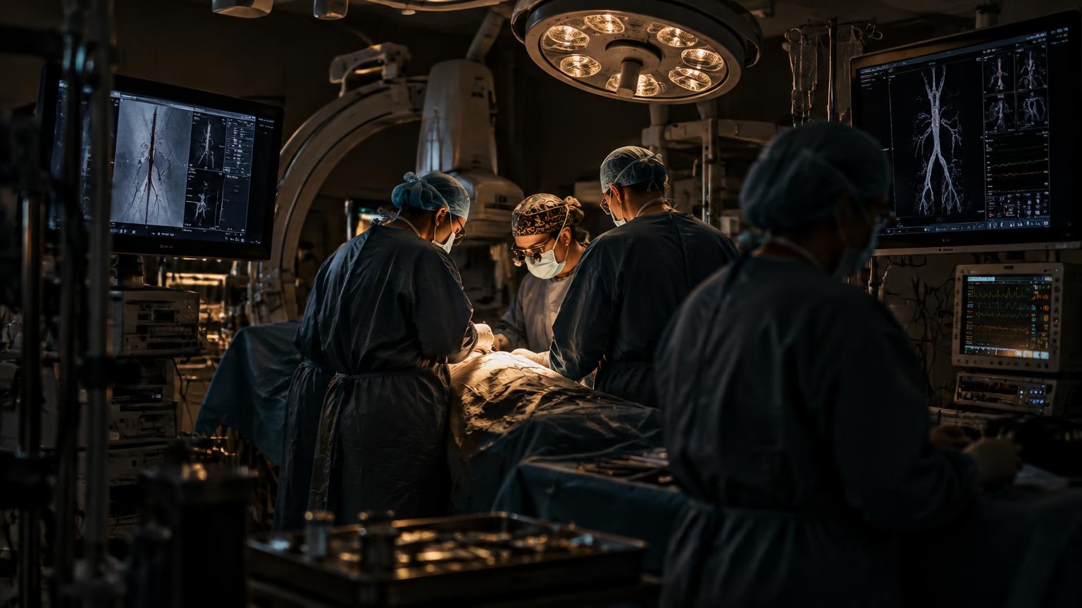 Surgical team working in a modern hybrid operating theatre