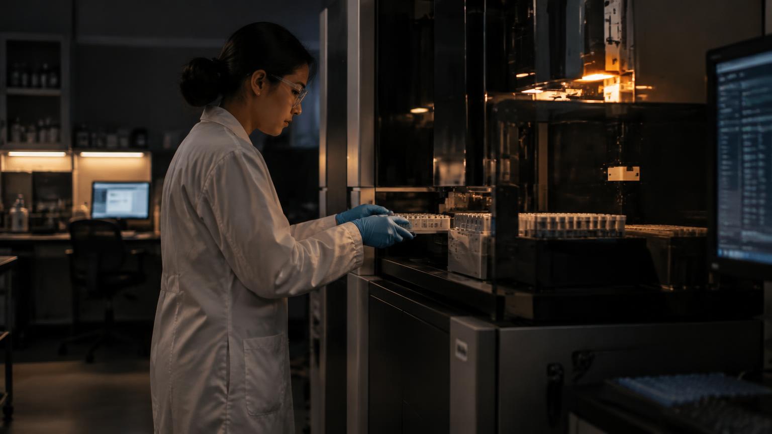 Technician loading samples into a genomics sequencing instrument