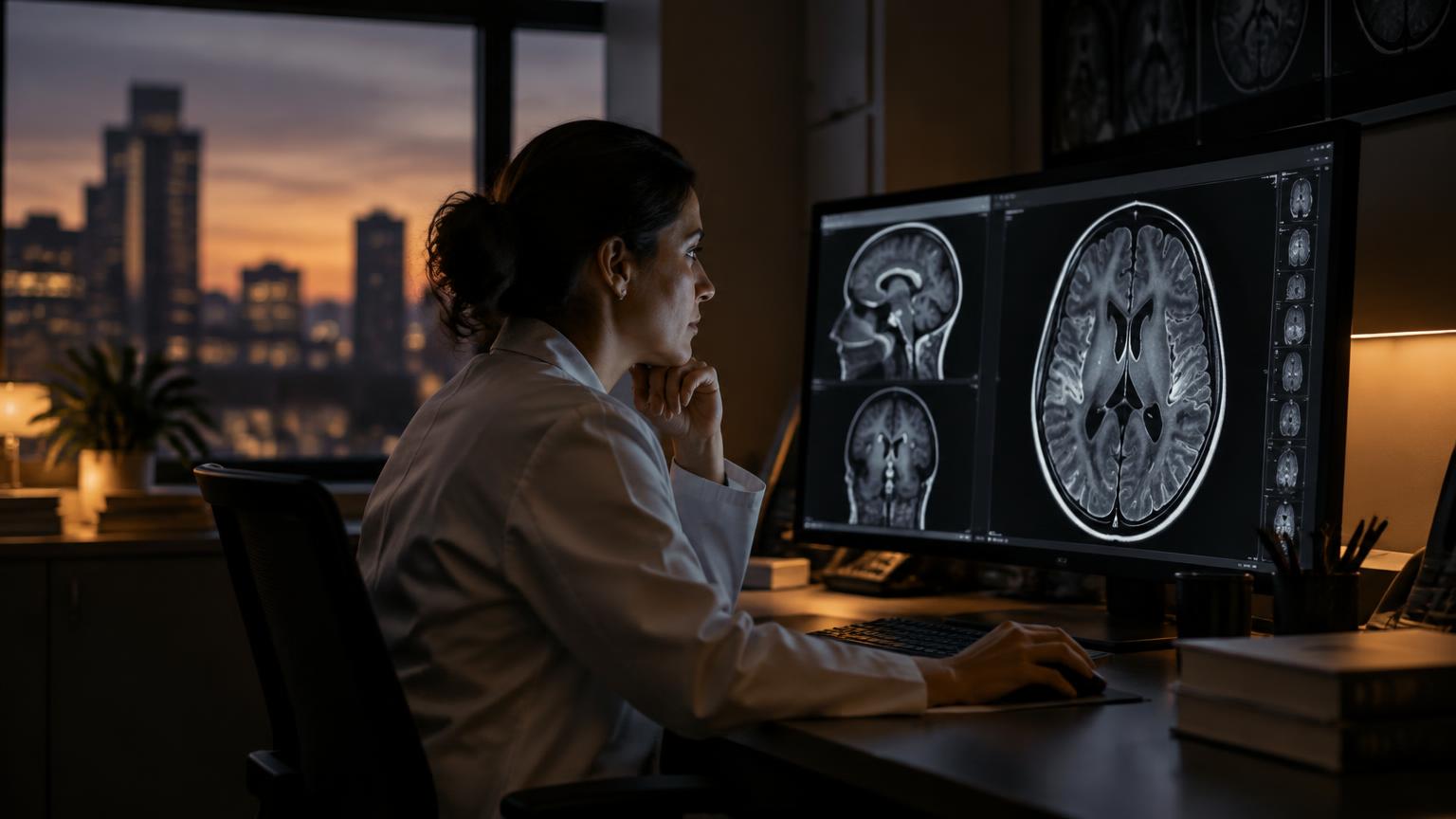 Physician reviewing a brain MRI in a radiology reading room at dusk