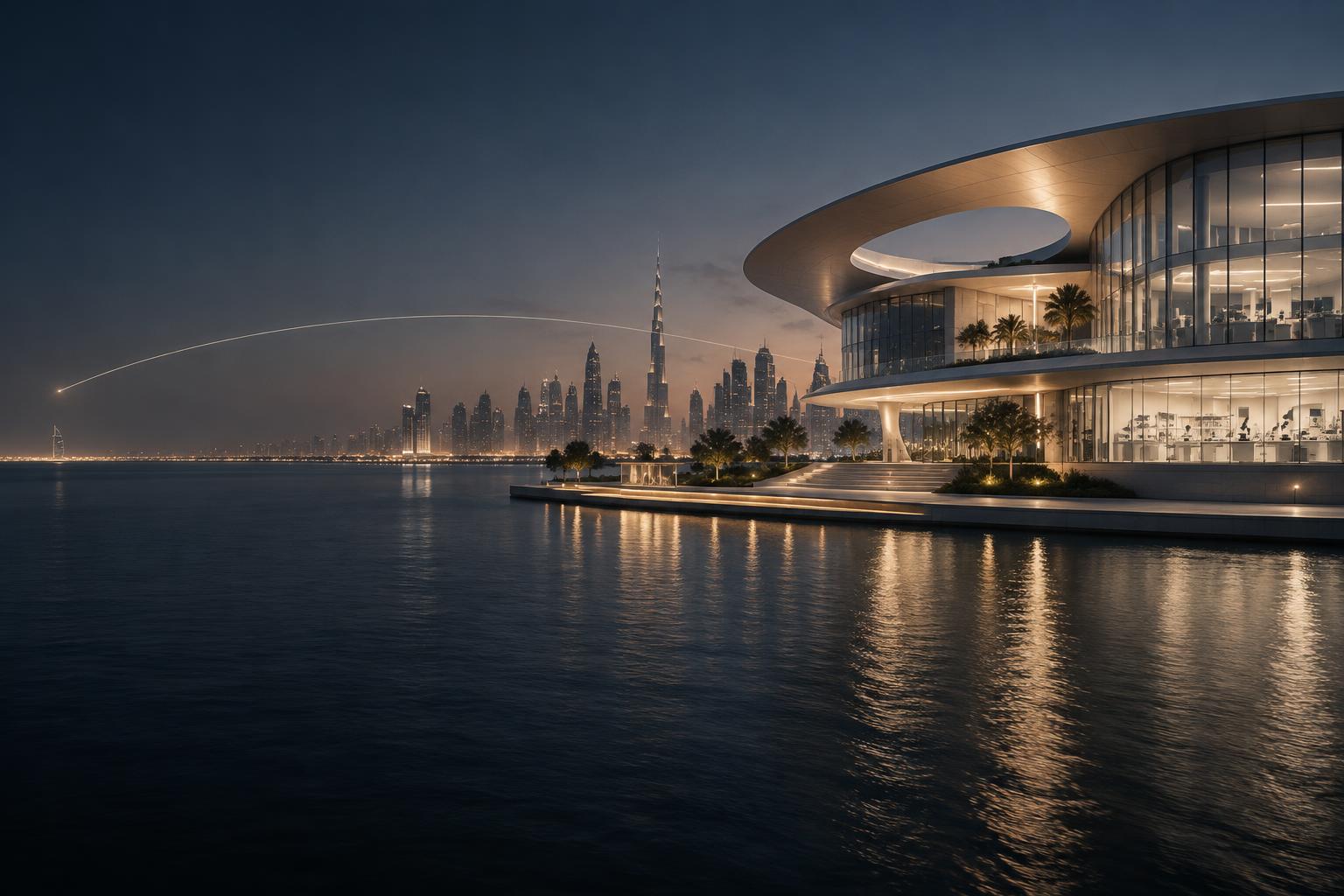 Visionary medical research institute on Dubai's coastline at dusk