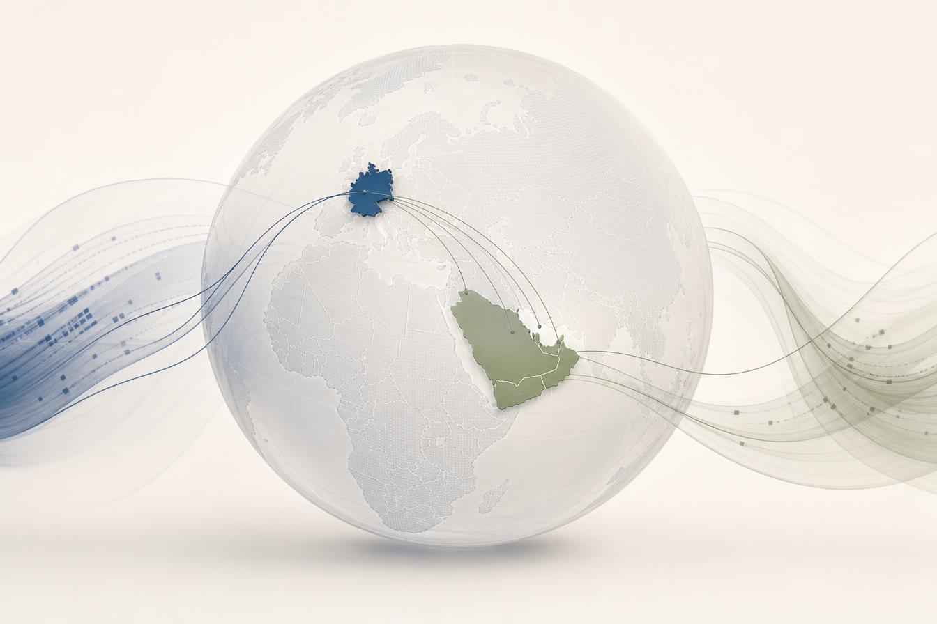 World map showing Germany and the GCC connected by healthcare partnership lines